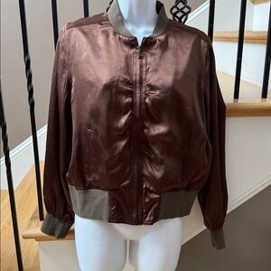 100% Silk brown zipper bomber jacket chocolate Silkland Size Petite Medium